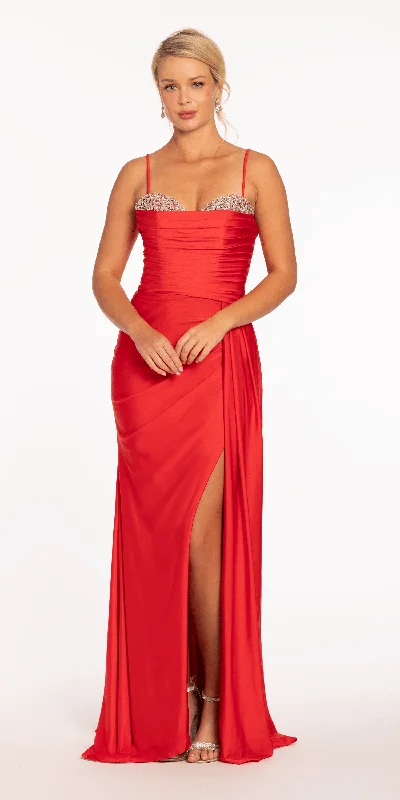 Stock Up and Save Stretch Satin Beaded Column Dress with Side Cascade