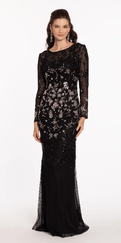 Instant Savings Mesh Long Sleeve Boatneck Column Dress with Beading