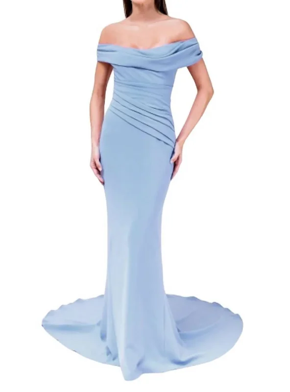 Bonus Savings Off-The-Shoulder Draped Gown In Light Blue