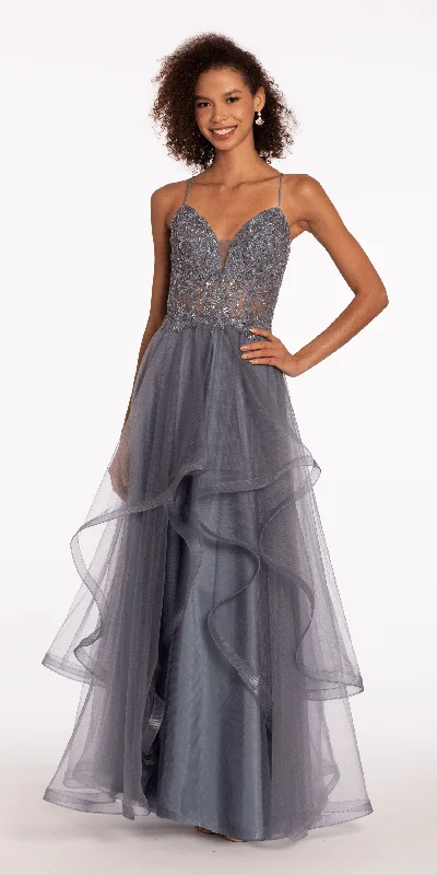 Discount Extravaganza Beaded Embroidered Plunging Tiered Tulle Ballgown