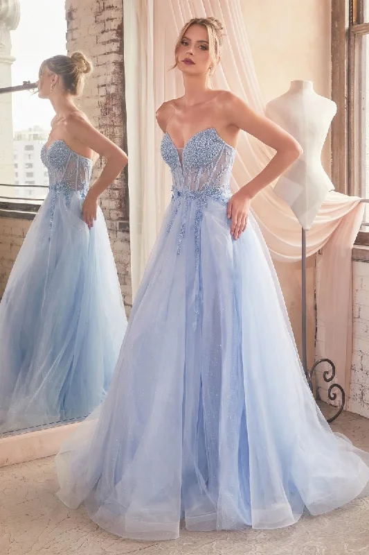 Special Savings Ladivine CD0230 Size 2 Light Blue Beaded Sheer Corset A Line Maxi Slit Prom Dress Shimmer Ballgown Formal