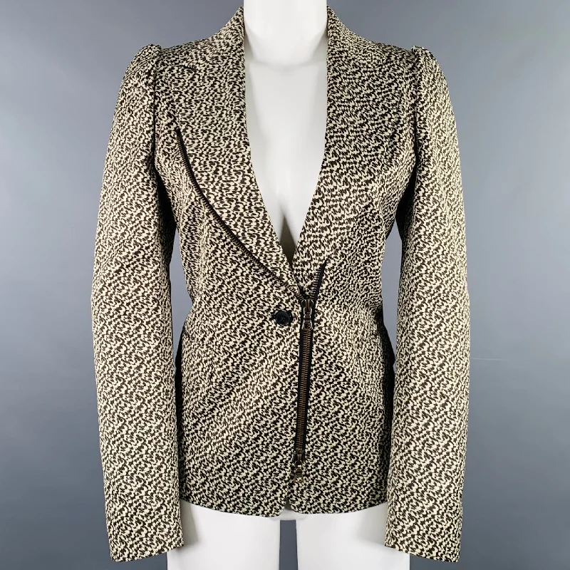 Exclusive Preview DRIES VAN NOTEN Size 8 Black Cream Cotton Blend Zip Jacket Blazer