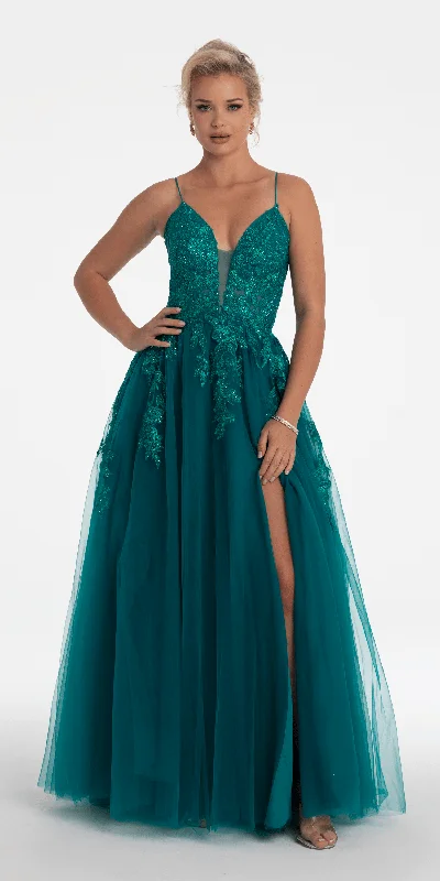 Exclusive Savings Plunging Embroidered Tulle Lace Up Back Ballgown
