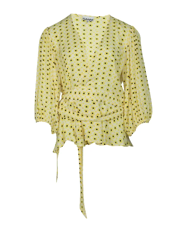 Can't Be Beat Ganni Wrap Blouse in Yellow Print Viscose
