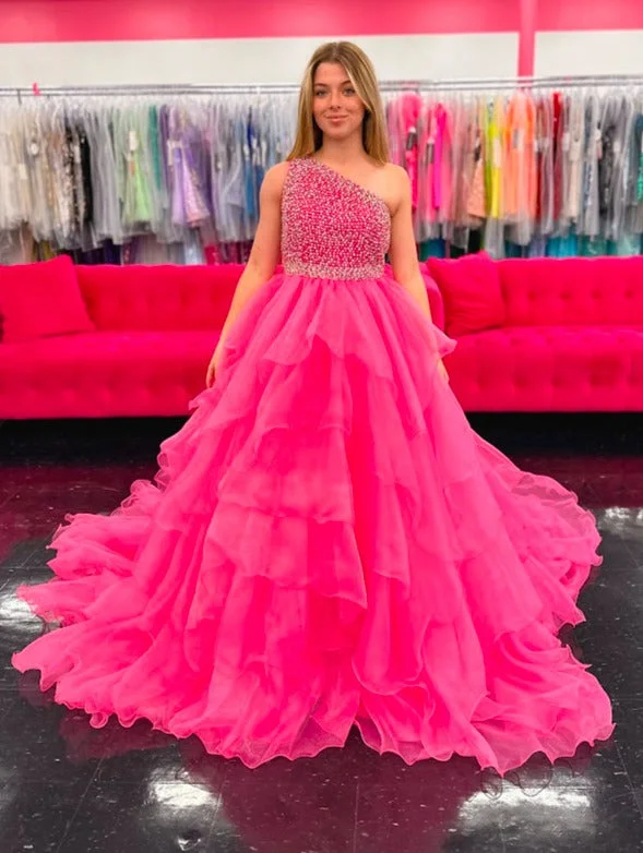 Best Deals Samantha Blake 1025 Size 14 Neon Pink Girls Long Pageant Dress Ruffle Layers One Shoulder Formal Gown