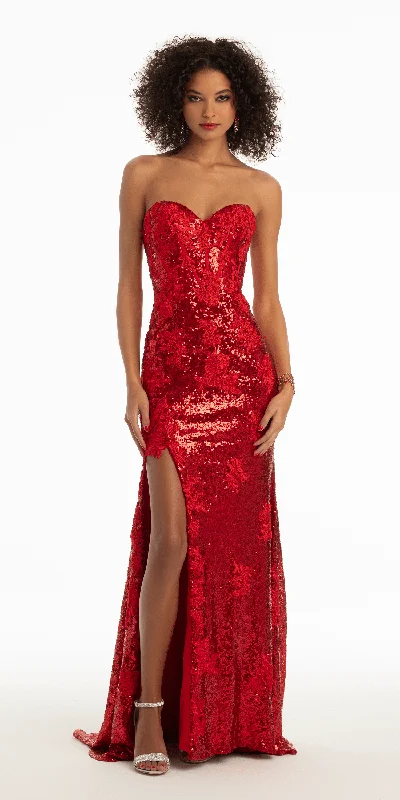 Big Savings Sequin Corset Lace Up Back Column Dress with Side Slit