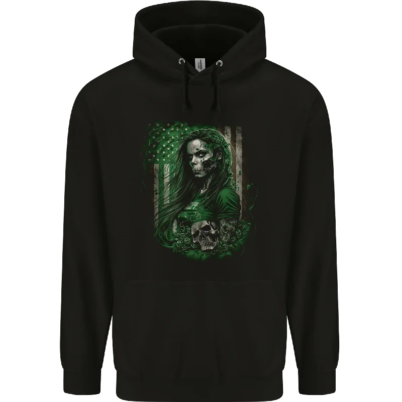 Holiday Sale Green Zombie Woman USA Flag St Patricks Day Mens 80% Cotton Hoodie