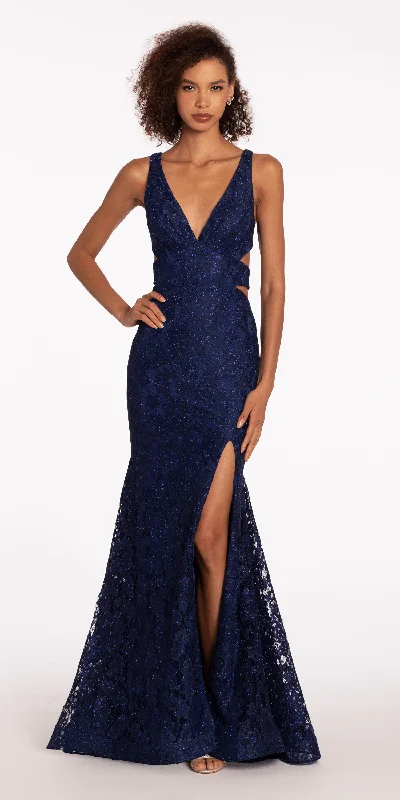 Deal Zone Glitter Lace Plunging Trumpet Dress