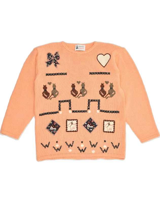Discount Deals VINTAGE Womens Crew Neck Jumper Sweater UK 18 XL Orange Animal Print Wool