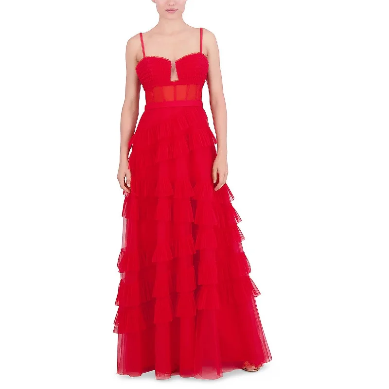 Instant Discount BCBGMAXAZRIA Womens Ruffled Spaghetti Strap Evening Dress