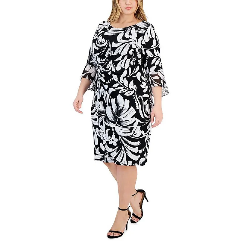 Markdown Madness Connected Apparel Womens Plus Printed Bell Sleeve Sheath Dress