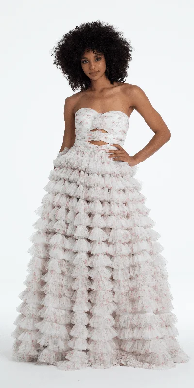 New Markdowns Sweetheart Triple Rose Peek-a-Boo Floral Mesh Tiered Ballgown