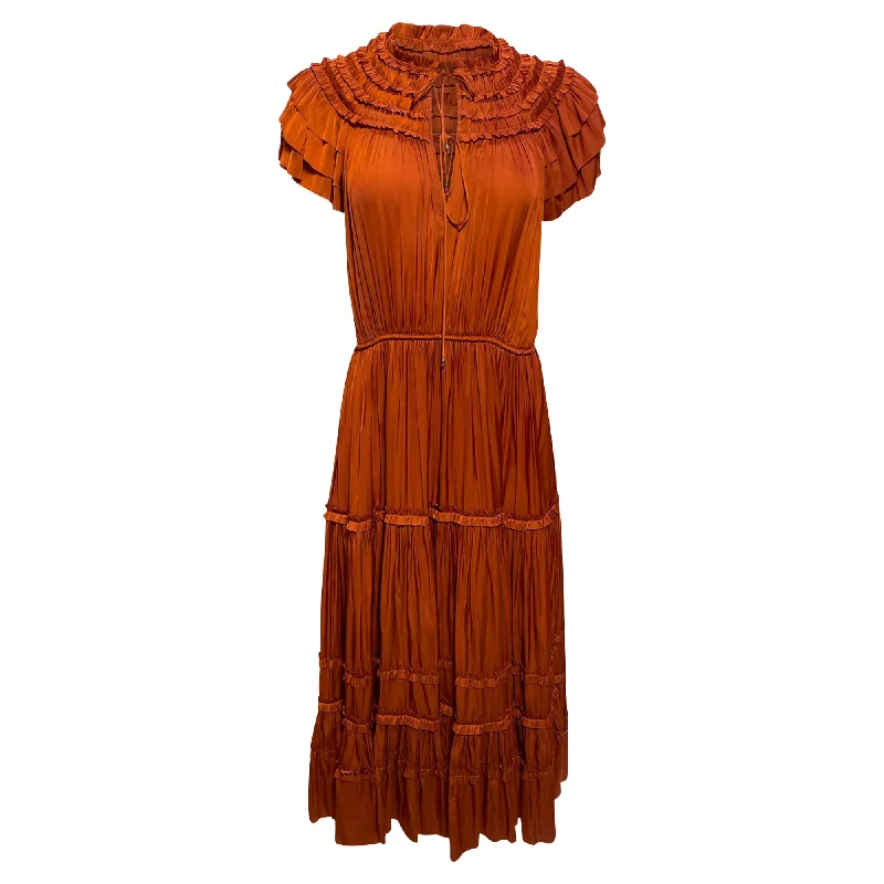 The Best Prices Ulla Johnson Isadora Tiered-Sleeve Satin Plisse Midi Dress in Orange Polyester
