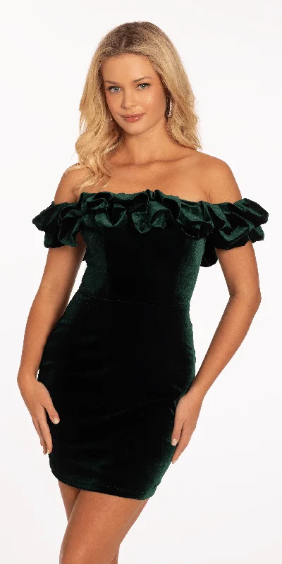 Online Exclusive Ruffle Off the Shoulder Velvet Bodycon Dress