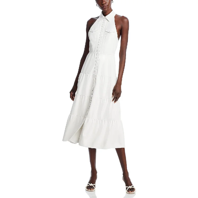 Deal Dash Alice and Olivia Womens Faux Leather Sleeveless Halter Dress