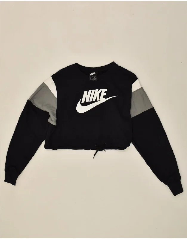 Savings Galore NIKE Womens Graphic Crop Sweatshirt Jumper UK 4 XS Black Colourblock