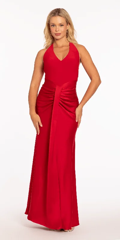 Special Promotion Crepe and Satin Halter Column Dress with Center Ruching