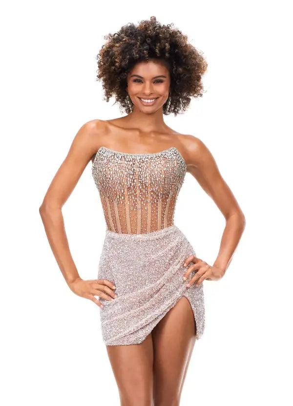 Holiday Sale Ashley Lauren 4564 Size 16 Nude Cocktail Dress Short Sheer Beaded Maxi Slit Formal Corset Homecoming