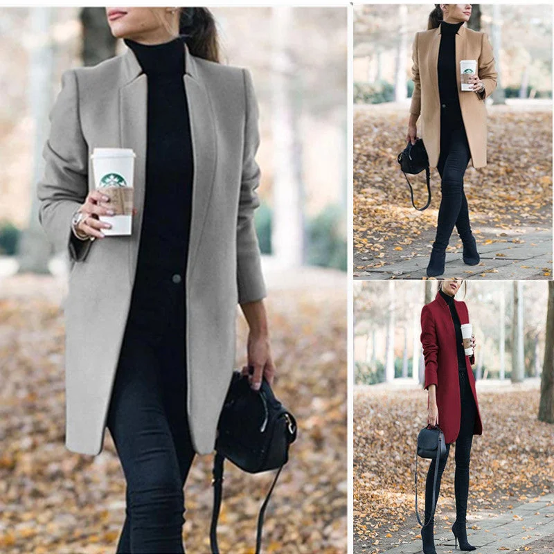 YEAR-End Clearance Fashion Solid Color Stand Collar Woolen Coat