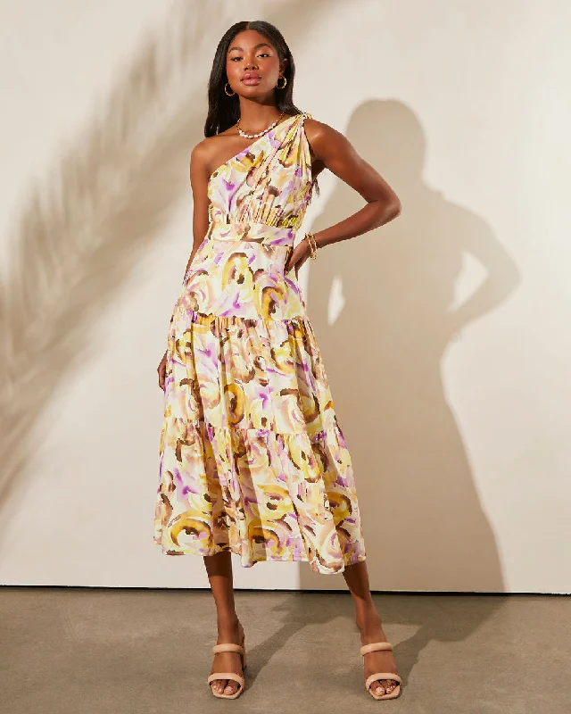 Super Deal Isidore One Shoulder Tiered Midi Dress