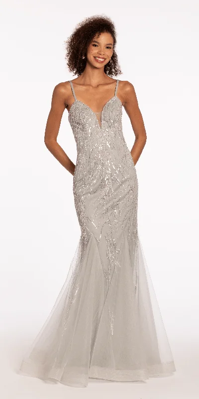 Sale Event Mesh Branch Sequin Plunging Trumpet Dress