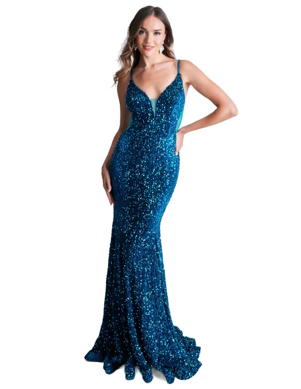 Daily Deals Nina Canacci 4420 Size 2, 4 Emerald Velvet Sequin Mermaid Prom Dress Formal Evening Gown Sheer V Neck