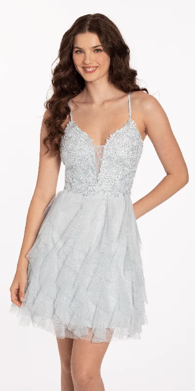 Exclusive Preview Plunging Glitter Cascade Fit and Flare Dress with Lace Bodice