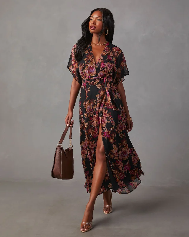 Hurry In Aubrey Surplice Chiffon Floral Maxi Dress