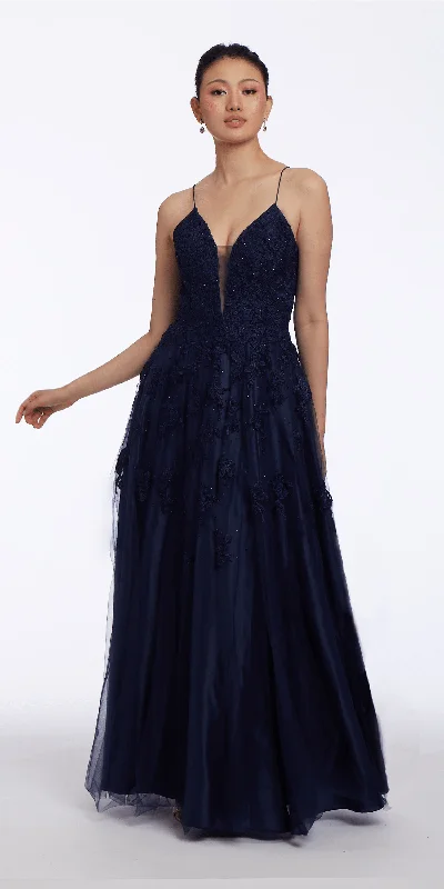 Bargain Prices Mesh Applique Plunging Lace Up A Line Dress