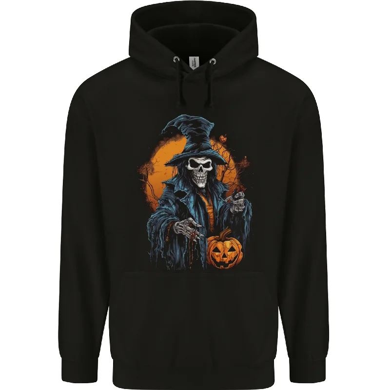 Fantastic Deals Halloween Wizard Witch With a Pumpkin Skull Mens 80% Cotton Hoodie