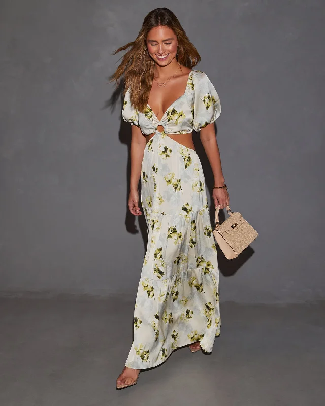 Customer Appreciation Sale Cambria Satin Floral Puff Sleeve Maxi Dress