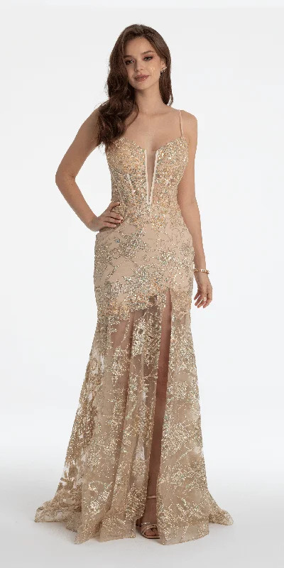 Super Sale Illusion Plunge Corset Beaded Trumpet Dress