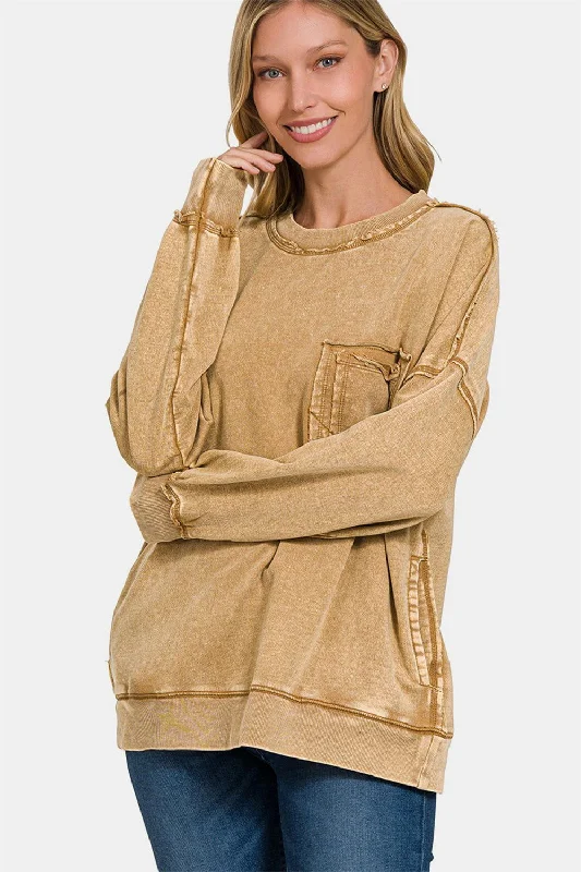 Discount Extravaganza Zenana Exposed Seam Round Neck Dropped Shoulder Sweatshirt