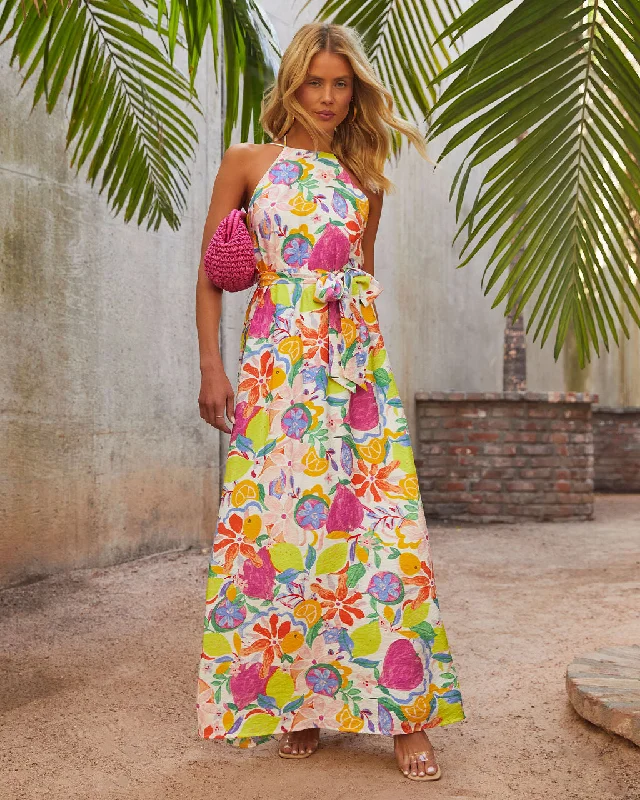 Special Savings Belize Printed Satin Low Back Tie Waist Maxi Dress