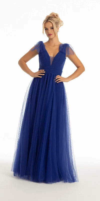 Closeout Sale Tie Shoulder Illusion Plunge Ballgown