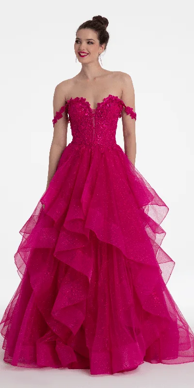 Hot Deal Floral Embroidered Off the Shoulder Tulle Tiered Ballgown