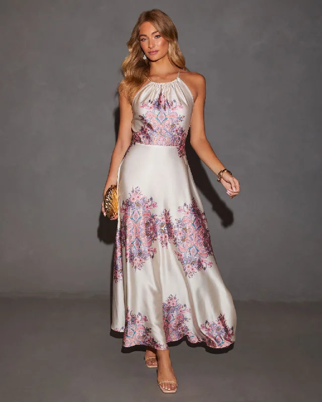 Deal Zone Marianne Satin Halter Printed Maxi Dress
