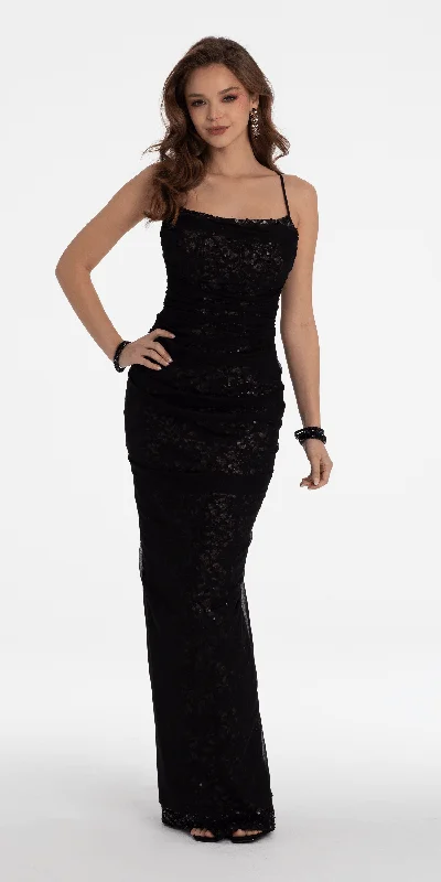 Exclusive Savings Ruched Sequin Lace Up Back Column Dress
