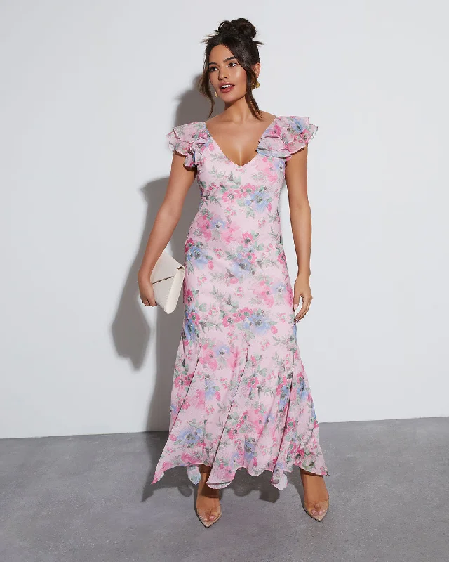 Shop and Save Orchard Floral Ruffle Sleeve Maxi Dress