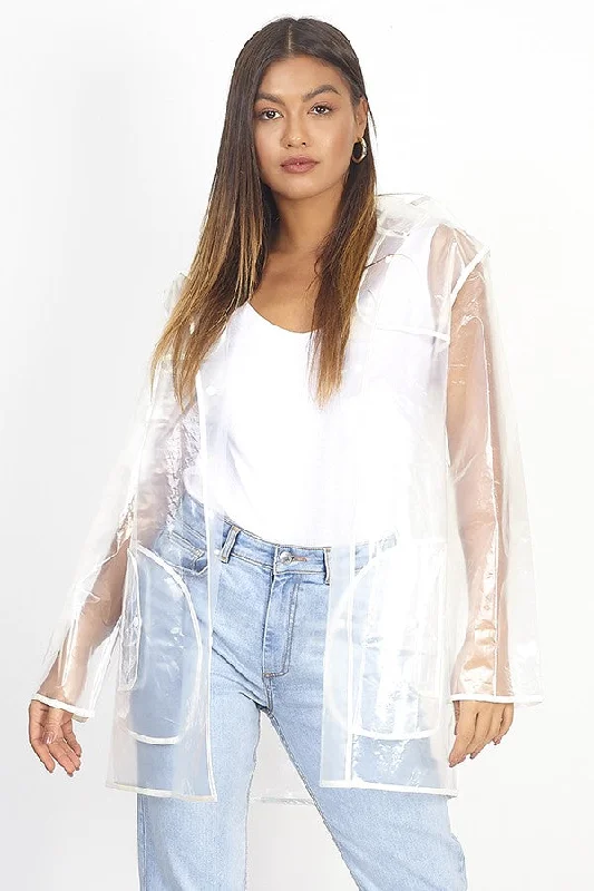 Discount Mania PEARL BINDING DETAIL CLEAR HOODED COAT