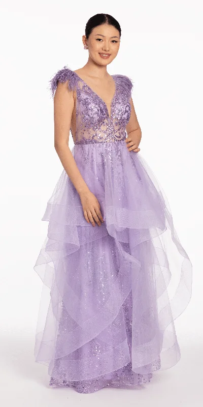 Year-End Sale Plunging Glitter Tiered  Tulle Ballgown with Feathers