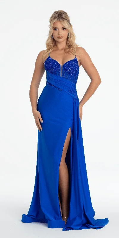 Get It Before It’s Gone Beaded Corset Lace Up Back Trumpet Dress with Side Drape