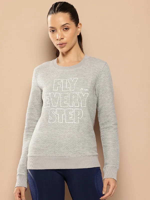 Lowest Price Alcis Women Grey Melange Typography Printed Textured Applique Sweatshirt