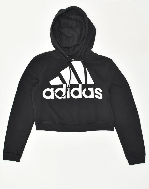Midnight Sale ADIDAS Womens Crop Graphic Hoodie Jumper UK 8-10 Small Black Cotton