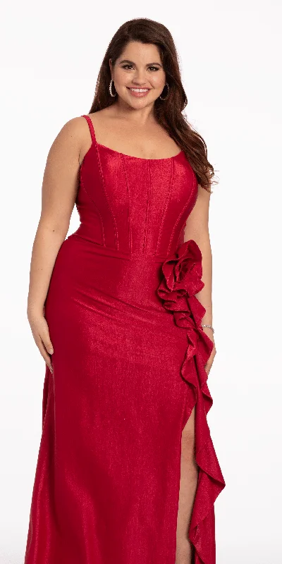 Buy Now Satin Scoop Corset Trumpet Dress with 3D Floral Side Slit