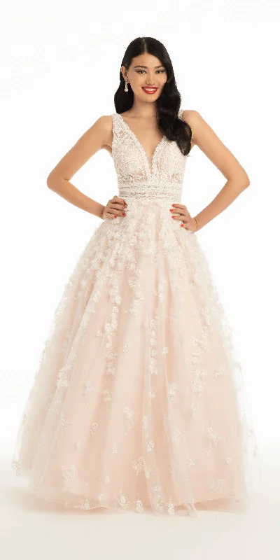 Holiday Sale 3D Floral V Neck Crocheted Glitter Ballgown