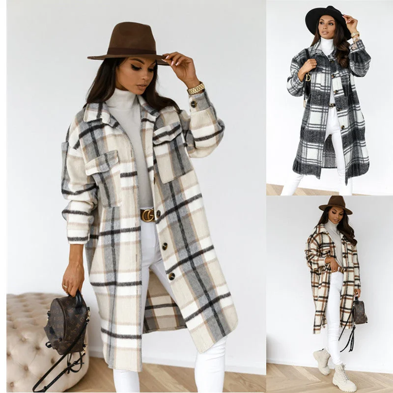 Mega Sale Button Lapel Casual Warm Plaid Long Woolen Coat
