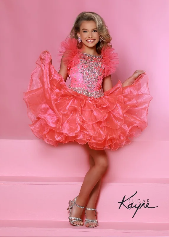 Midnight Madness Sugar Kayne C211 sz 3T Hot Coral Short Ruffle Cupcake Pageant Dress Crystal High Neck Girls Gown