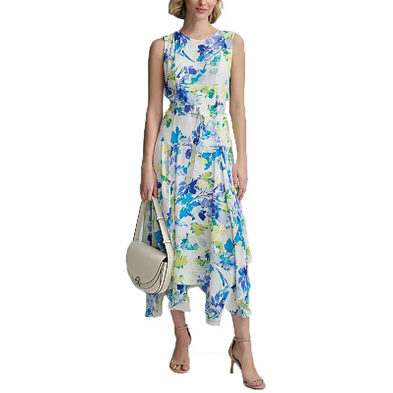 Online Only Calvin Klein Womens Handkerchief Hem Floral Printed Fit & Flare Dress