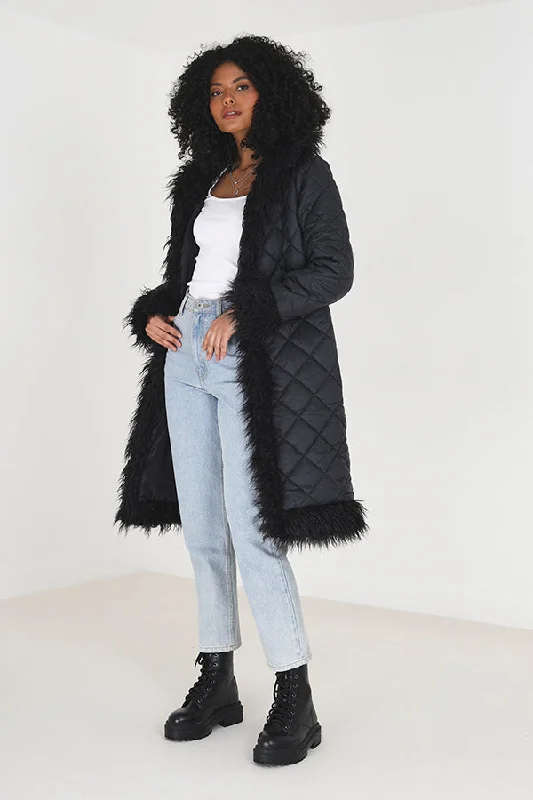 Take Advantage LONG QUILTED COAT WITH MONGOLIAN FAUX FUR TRIMS